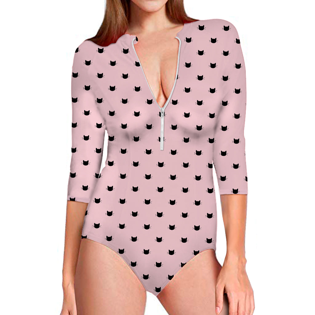 Black And Pink Cat Pattern Print Long Sleeve Swimsuit