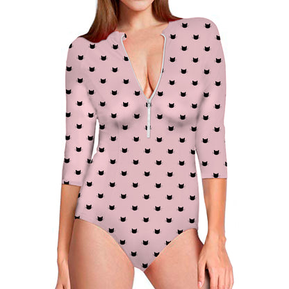 Black And Pink Cat Pattern Print Long Sleeve Swimsuit