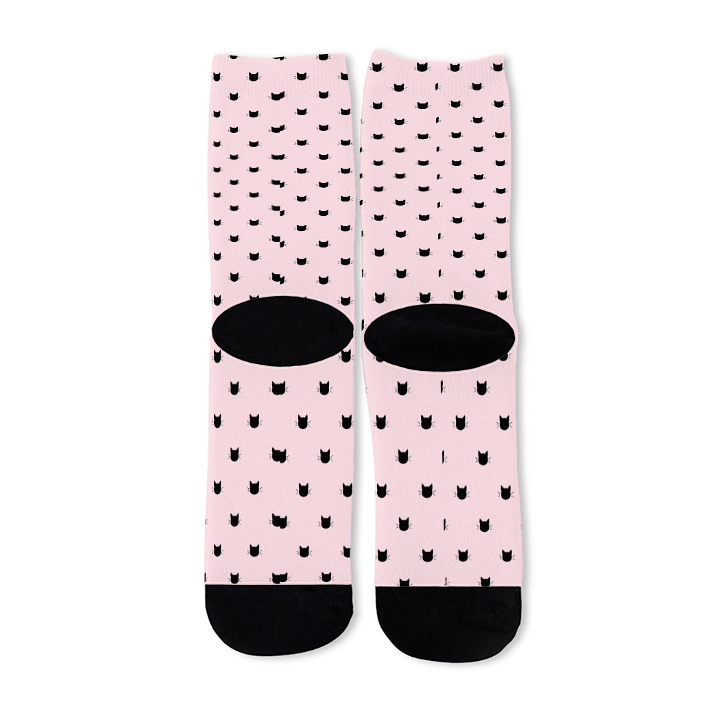 Black And Pink Cat Pattern Print Long Socks