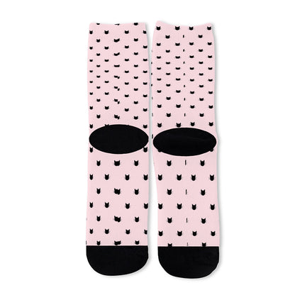 Black And Pink Cat Pattern Print Long Socks