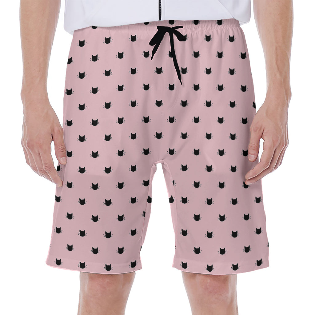 Black And Pink Cat Pattern Print Men's Beach Shorts