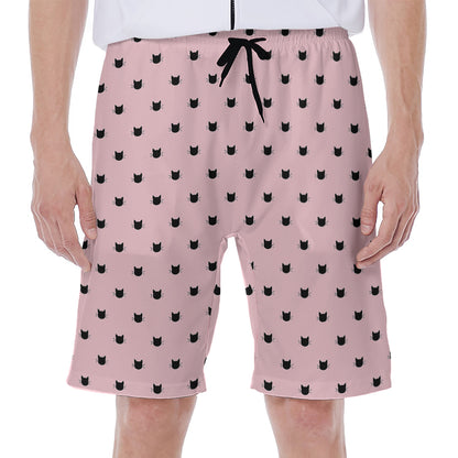 Black And Pink Cat Pattern Print Men's Beach Shorts