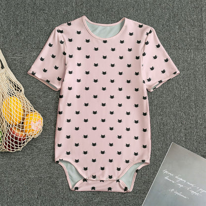 Black And Pink Cat Pattern Print Men's Bodysuit