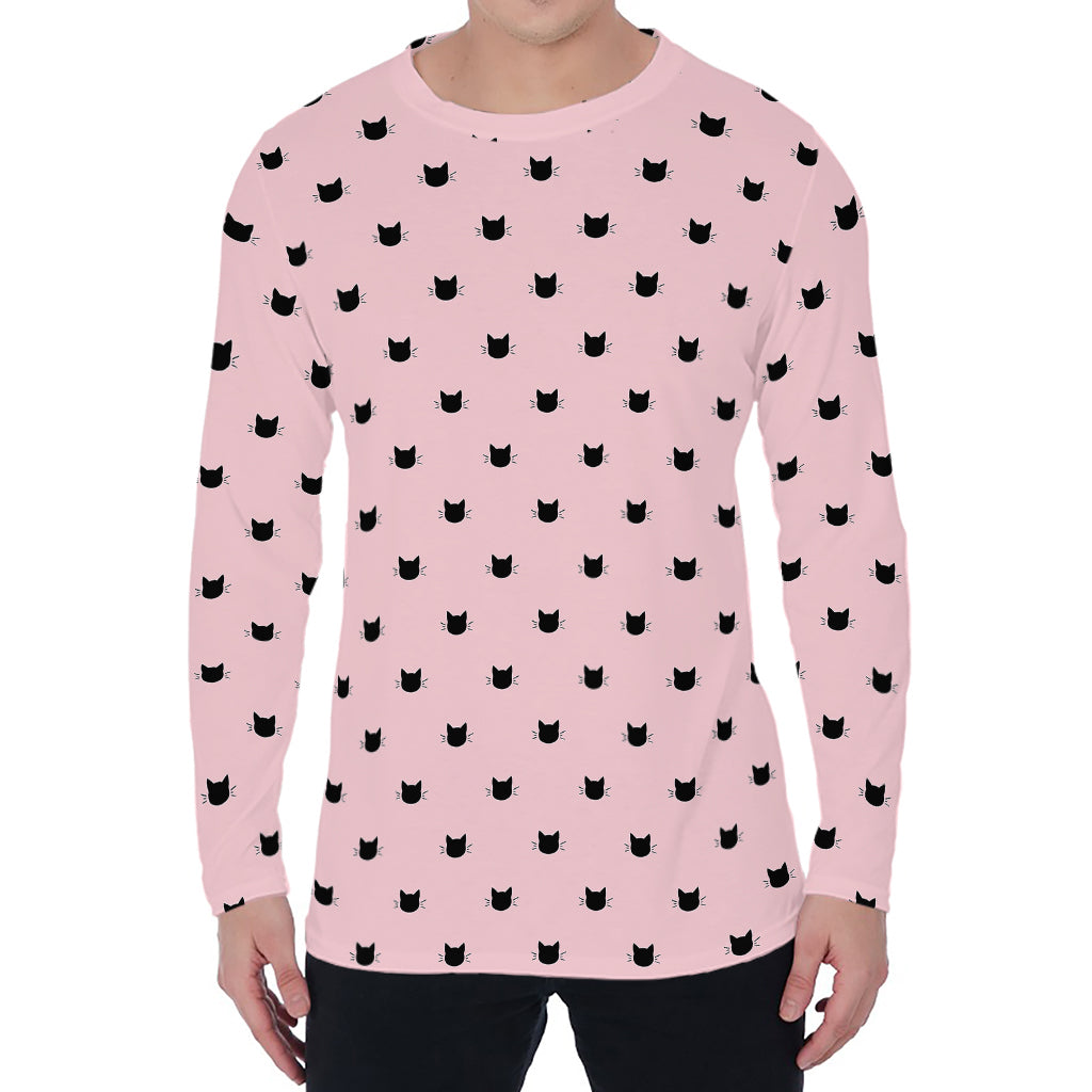 Black And Pink Cat Pattern Print Men's Long Sleeve T-Shirt