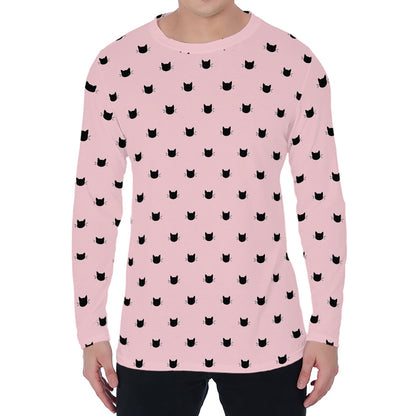 Black And Pink Cat Pattern Print Men's Long Sleeve T-Shirt