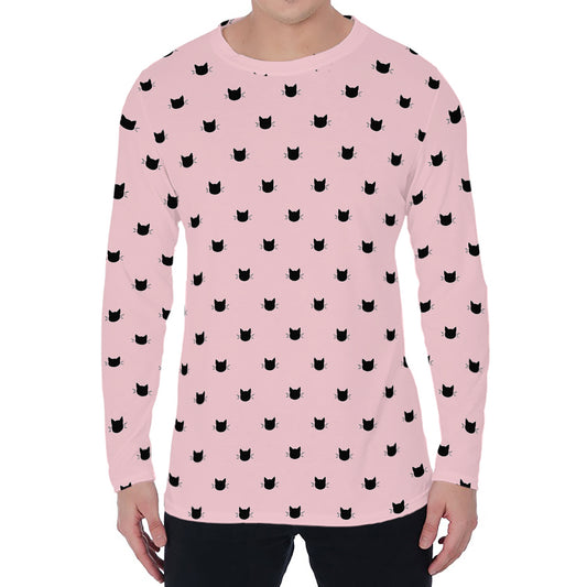 Black And Pink Cat Pattern Print Men's Long Sleeve T-Shirt