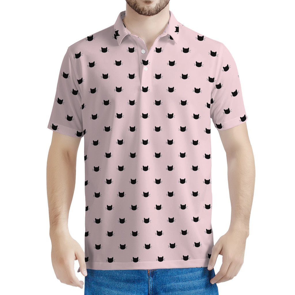 Black And Pink Cat Pattern Print Men's Polo Shirt