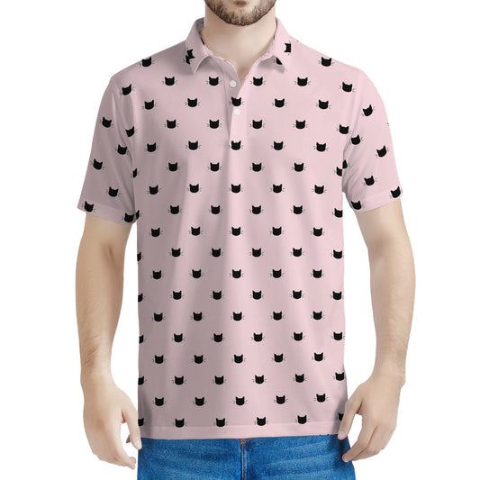 Black And Pink Cat Pattern Print Men's Polo Shirt