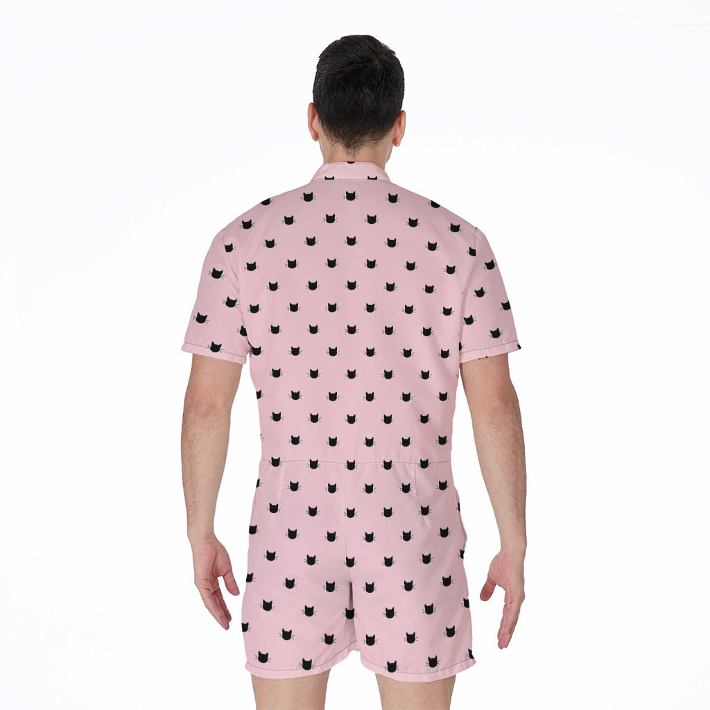 Black And Pink Cat Pattern Print Men's Rompers