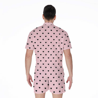 Black And Pink Cat Pattern Print Men's Rompers