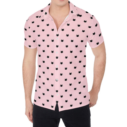Black And Pink Cat Pattern Print Men's Shirt