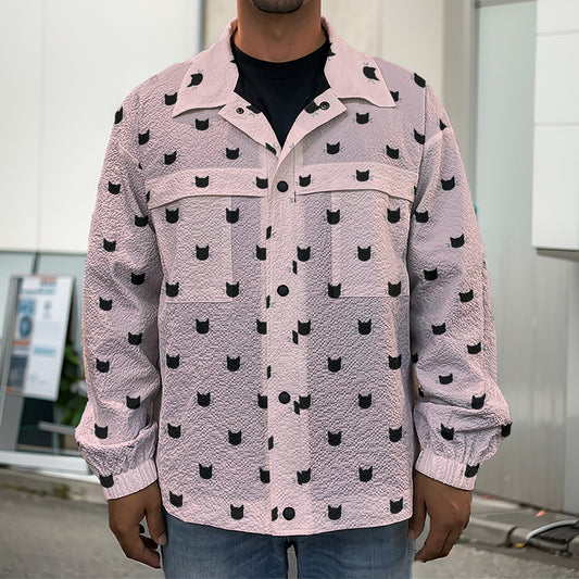 Black And Pink Cat Pattern Print Men's Shirt Jacket