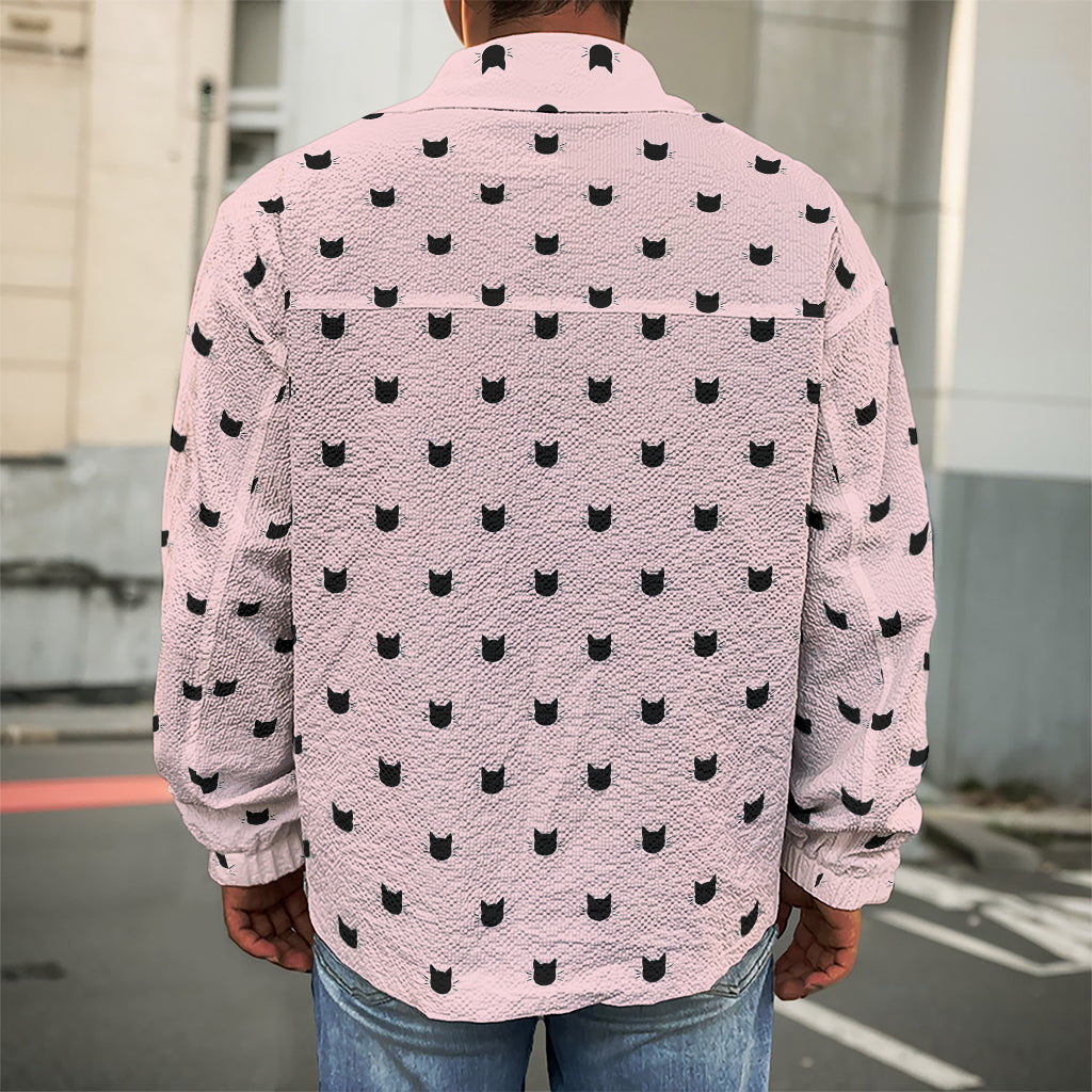 Black And Pink Cat Pattern Print Men's Shirt Jacket
