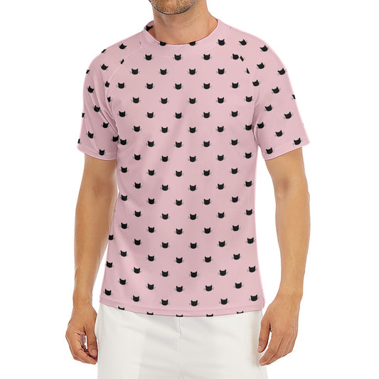 Black And Pink Cat Pattern Print Men's Short Sleeve Rash Guard