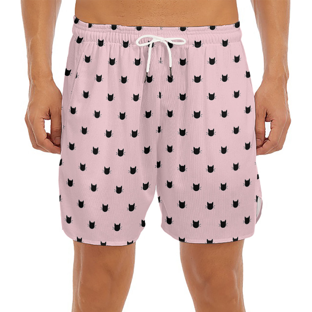 Black And Pink Cat Pattern Print Men's Split Running Shorts