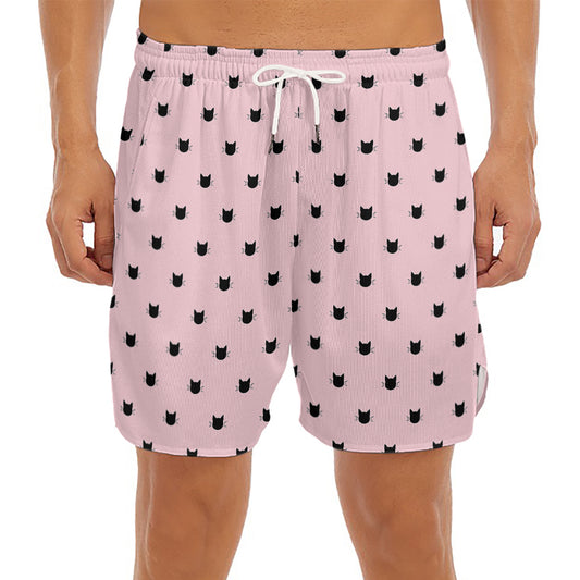 Black And Pink Cat Pattern Print Men's Split Running Shorts