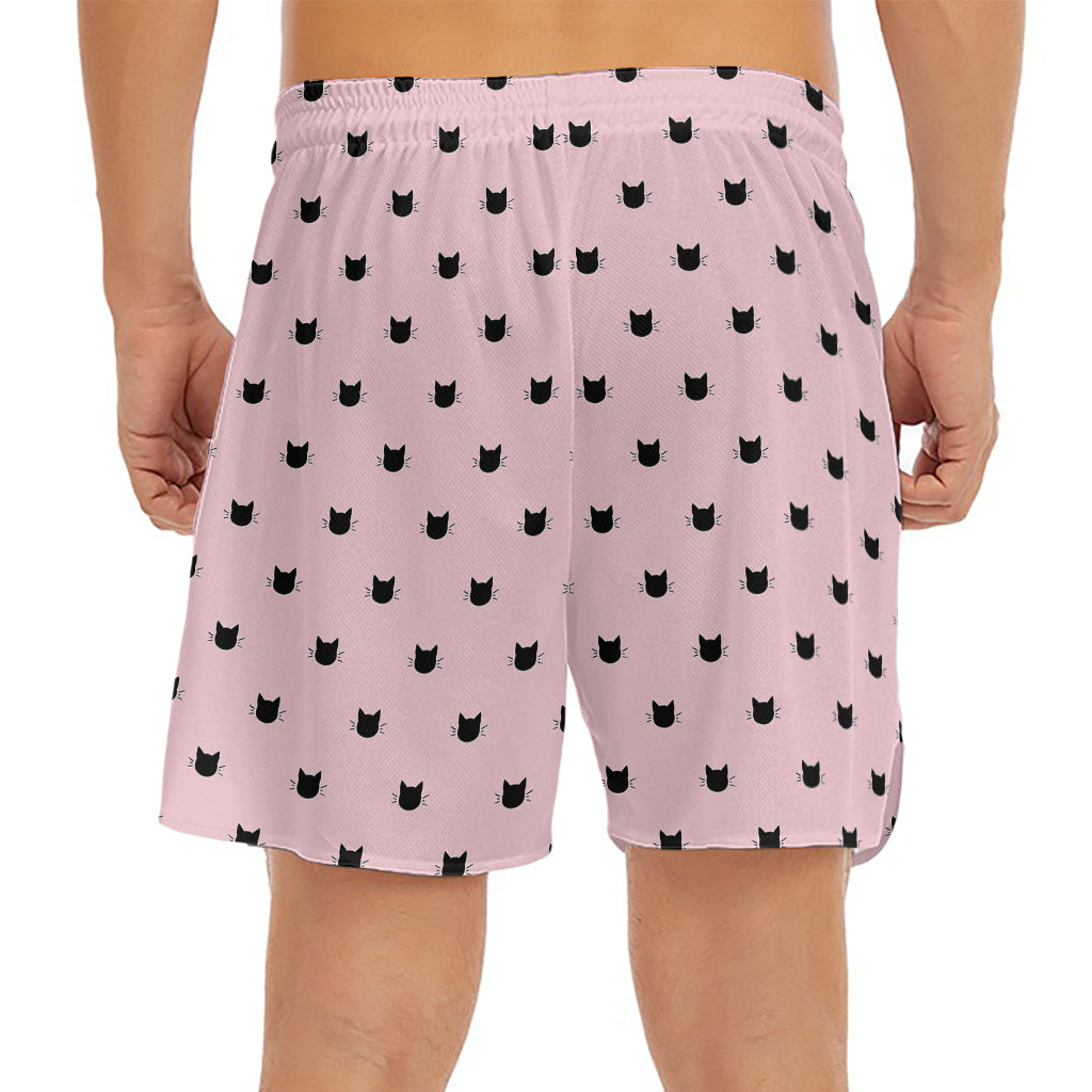 Black And Pink Cat Pattern Print Men's Split Running Shorts