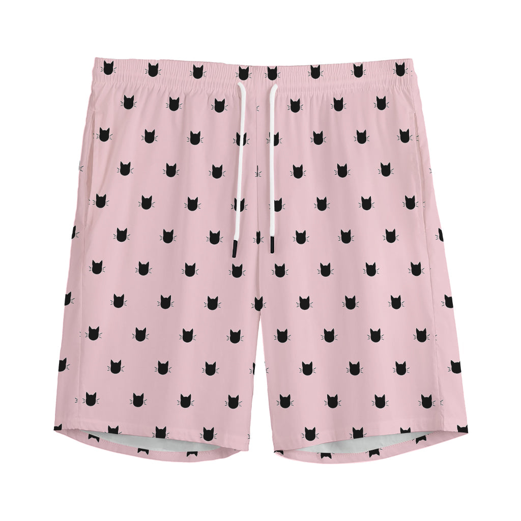 Black And Pink Cat Pattern Print Men's Sports Shorts
