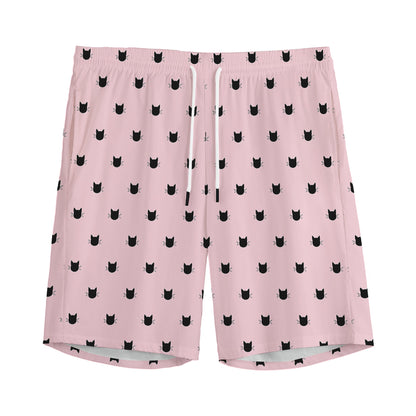 Black And Pink Cat Pattern Print Men's Sports Shorts
