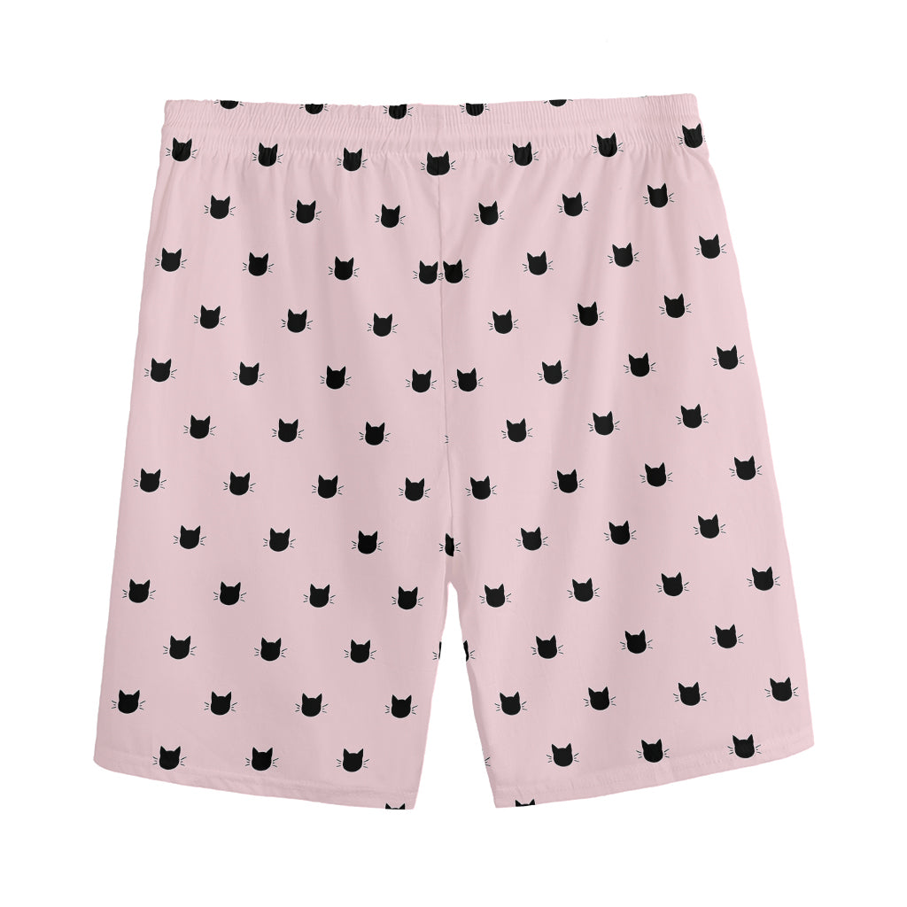 Black And Pink Cat Pattern Print Men's Sports Shorts