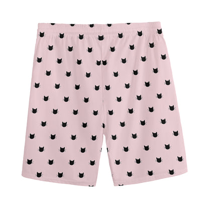 Black And Pink Cat Pattern Print Men's Sports Shorts
