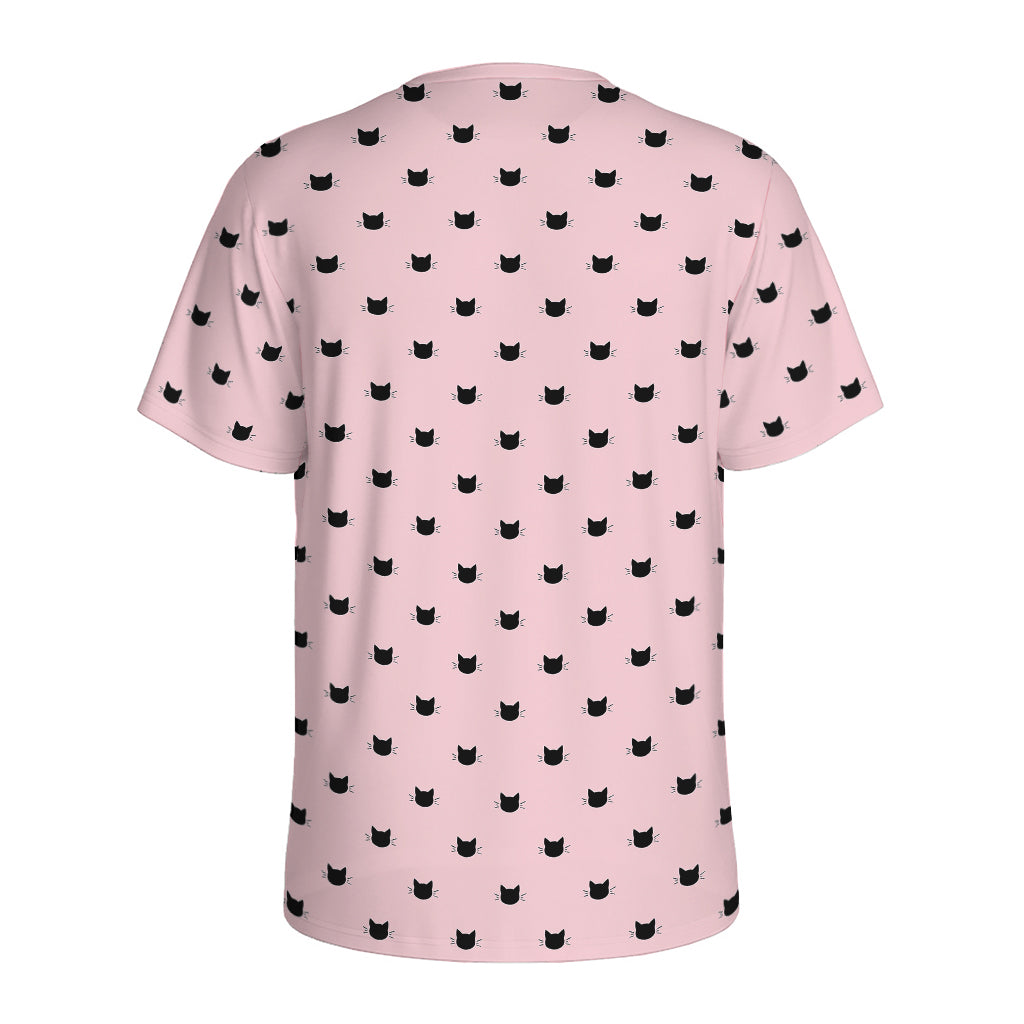 Black And Pink Cat Pattern Print Men's Sports T-Shirt