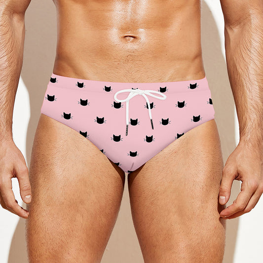 Black And Pink Cat Pattern Print Men's Swim Briefs