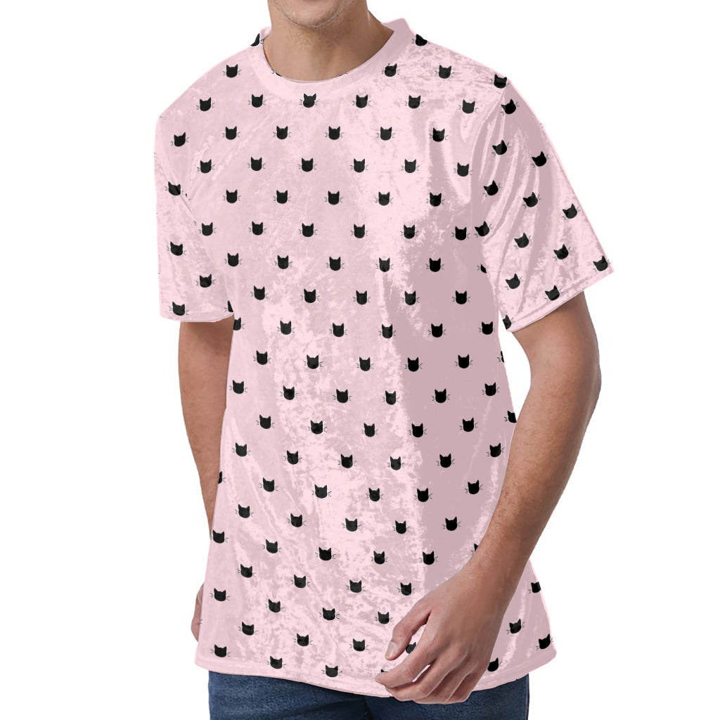 Black And Pink Cat Pattern Print Men's Velvet T-Shirt