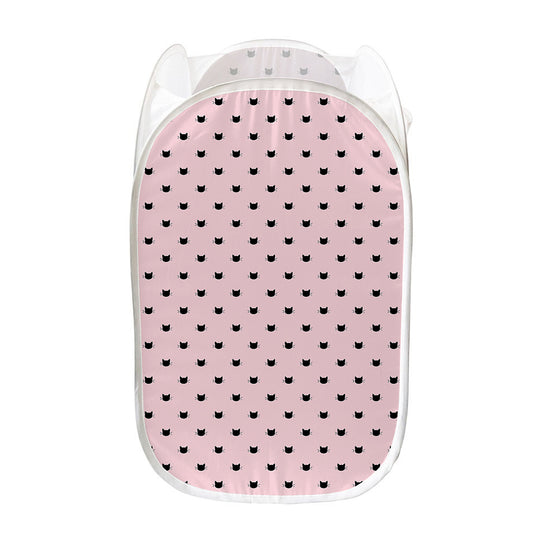 Black And Pink Cat Pattern Print Mesh Laundry Hamper