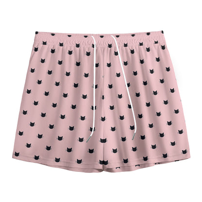 Black And Pink Cat Pattern Print Mesh Shorts