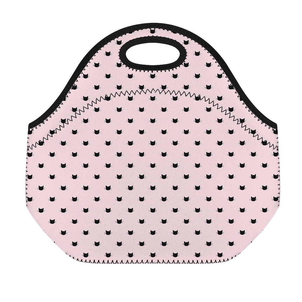 Black And Pink Cat Pattern Print Neoprene Lunch Bag