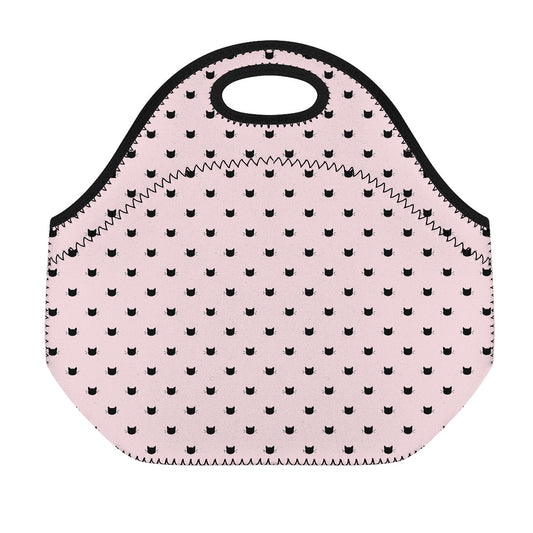 Black And Pink Cat Pattern Print Neoprene Lunch Bag