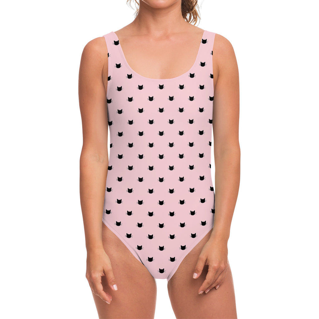 Black And Pink Cat Pattern Print One Piece Swimsuit