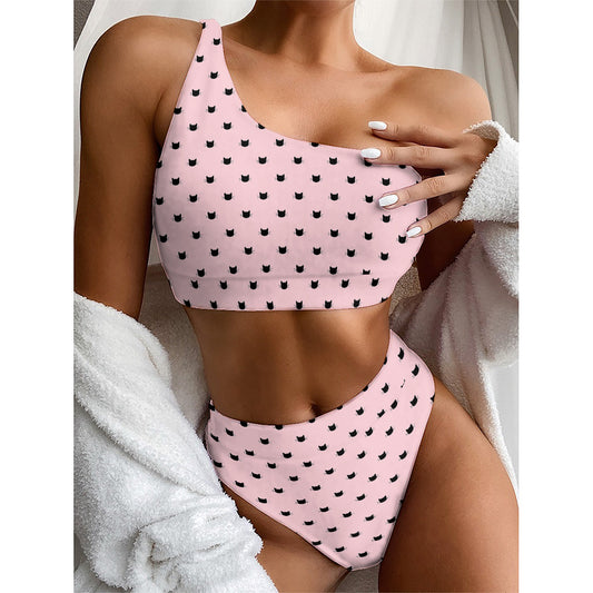 Black And Pink Cat Pattern Print One Shoulder Bikini Top