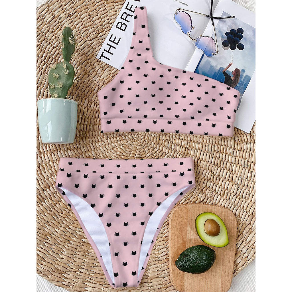 Black And Pink Cat Pattern Print One Shoulder Bikini Top