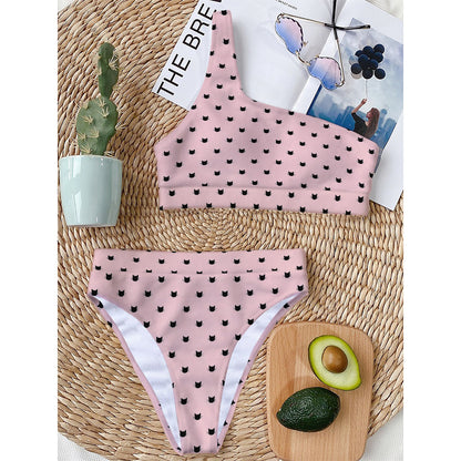 Black And Pink Cat Pattern Print One Shoulder Bikini Top