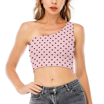 Black And Pink Cat Pattern Print One Shoulder Crop Top