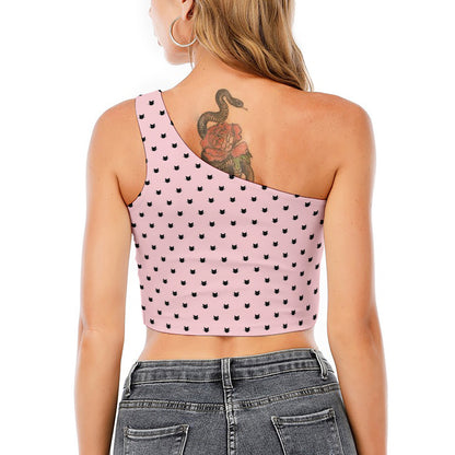 Black And Pink Cat Pattern Print One Shoulder Crop Top