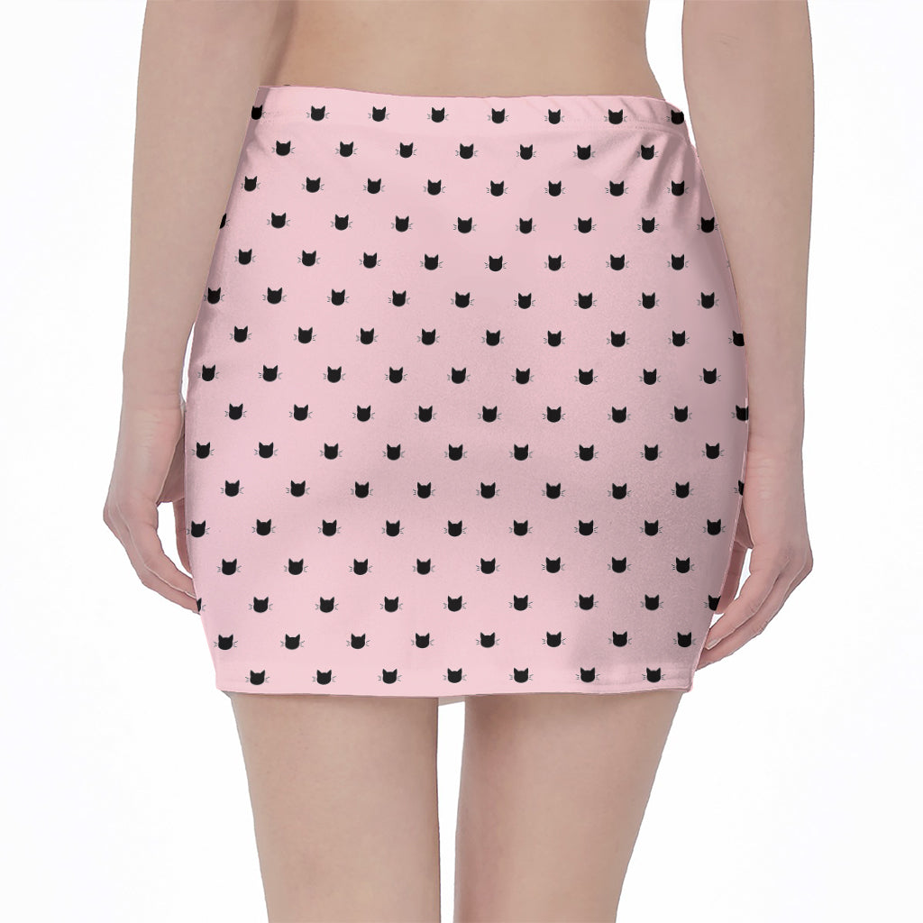 Black And Pink Cat Pattern Print Pencil Mini Skirt