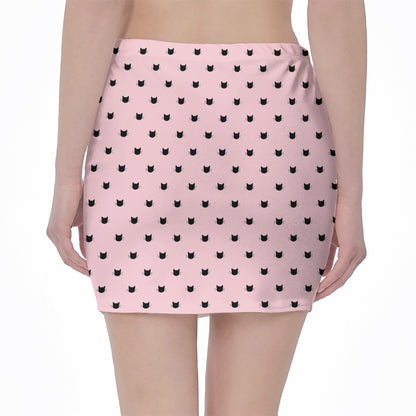 Black And Pink Cat Pattern Print Pencil Mini Skirt