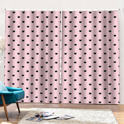 Black And Pink Cat Pattern Print Pencil Pleat Curtains