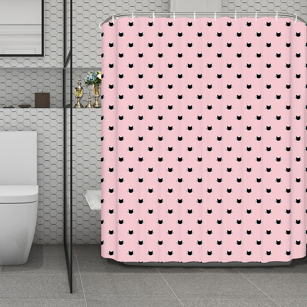Black And Pink Cat Pattern Print Polyester Shower Curtain