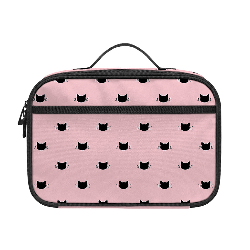 Black And Pink Cat Pattern Print Portable Lunch Bag