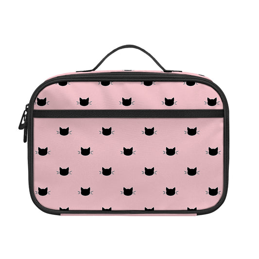 Black And Pink Cat Pattern Print Portable Lunch Bag
