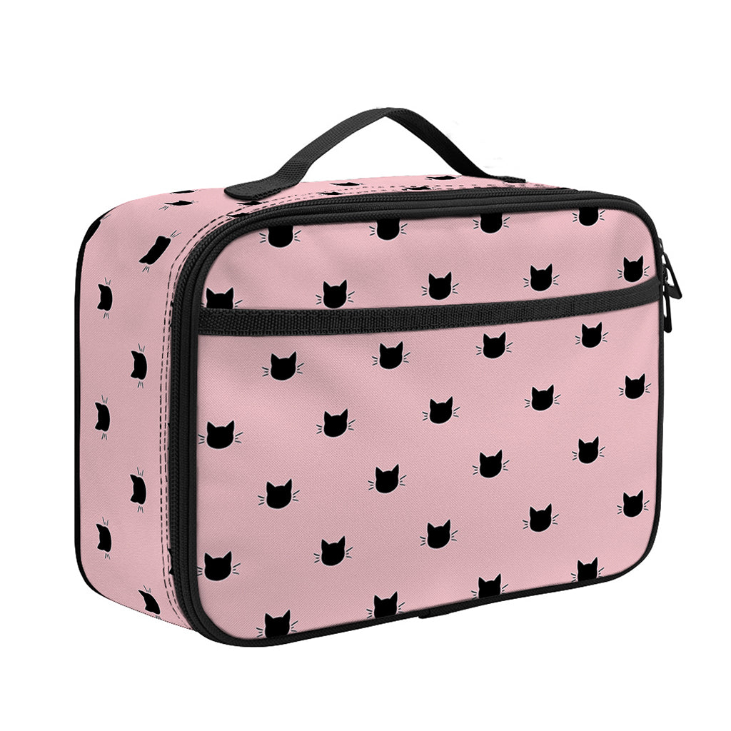 Black And Pink Cat Pattern Print Portable Lunch Bag