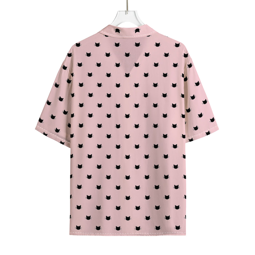 Black And Pink Cat Pattern Print Rayon Hawaiian Shirt
