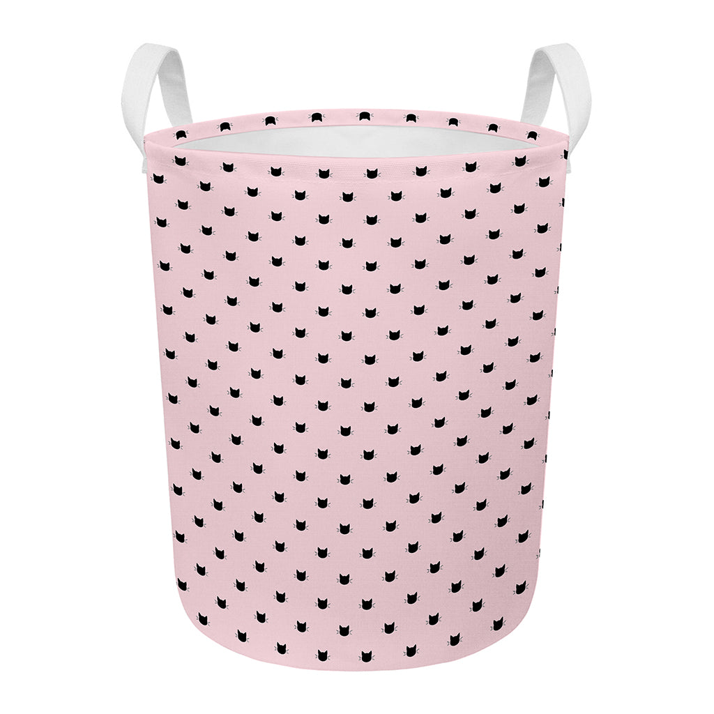 Black And Pink Cat Pattern Print Round Laundry Basket