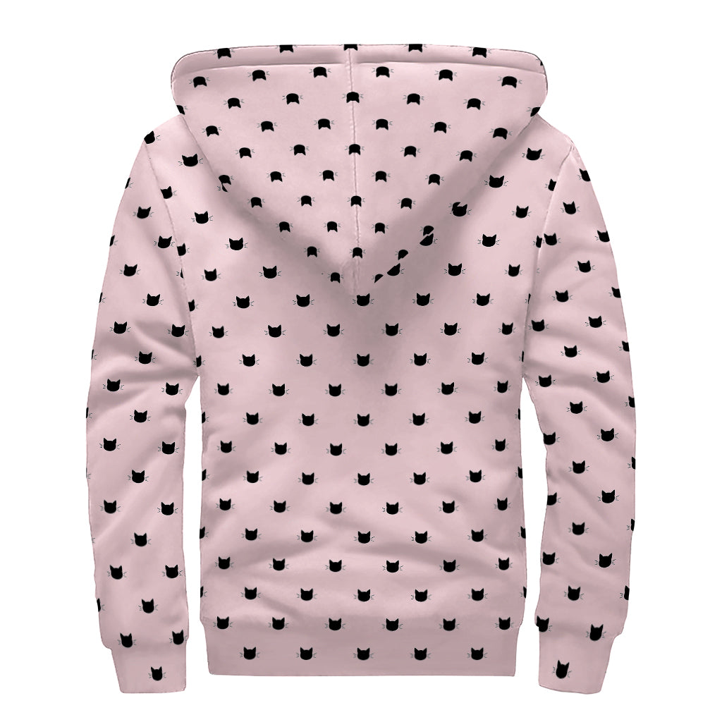 Black And Pink Cat Pattern Print Sherpa Lined Zip Up Hoodie