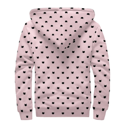 Black And Pink Cat Pattern Print Sherpa Lined Zip Up Hoodie