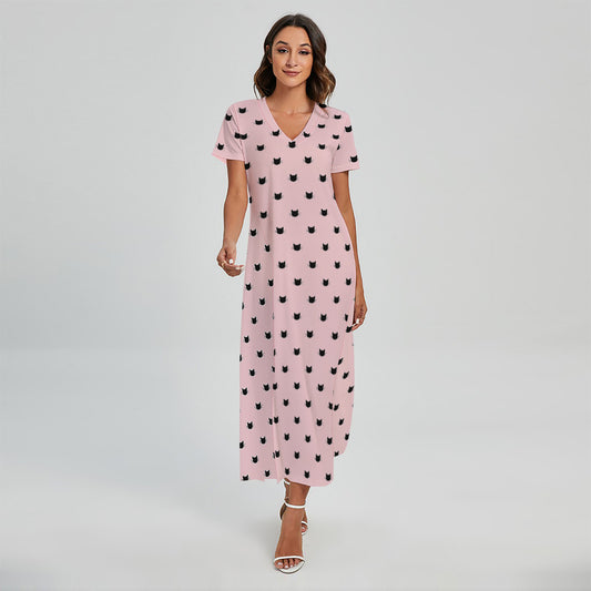 Black And Pink Cat Pattern Print Short Sleeve Maxi Dress